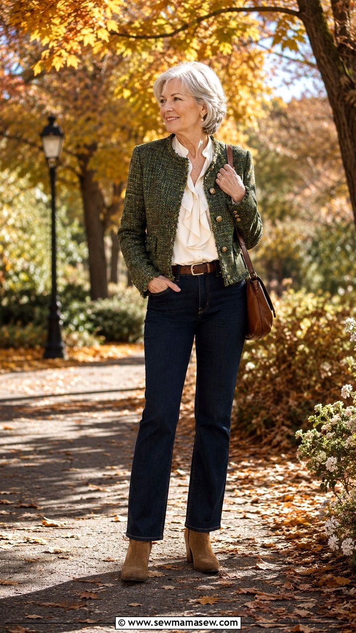 Tweed Jacket With Dark Jeans and Suede Boots - 30 Trendy outfit ideas for women over 60