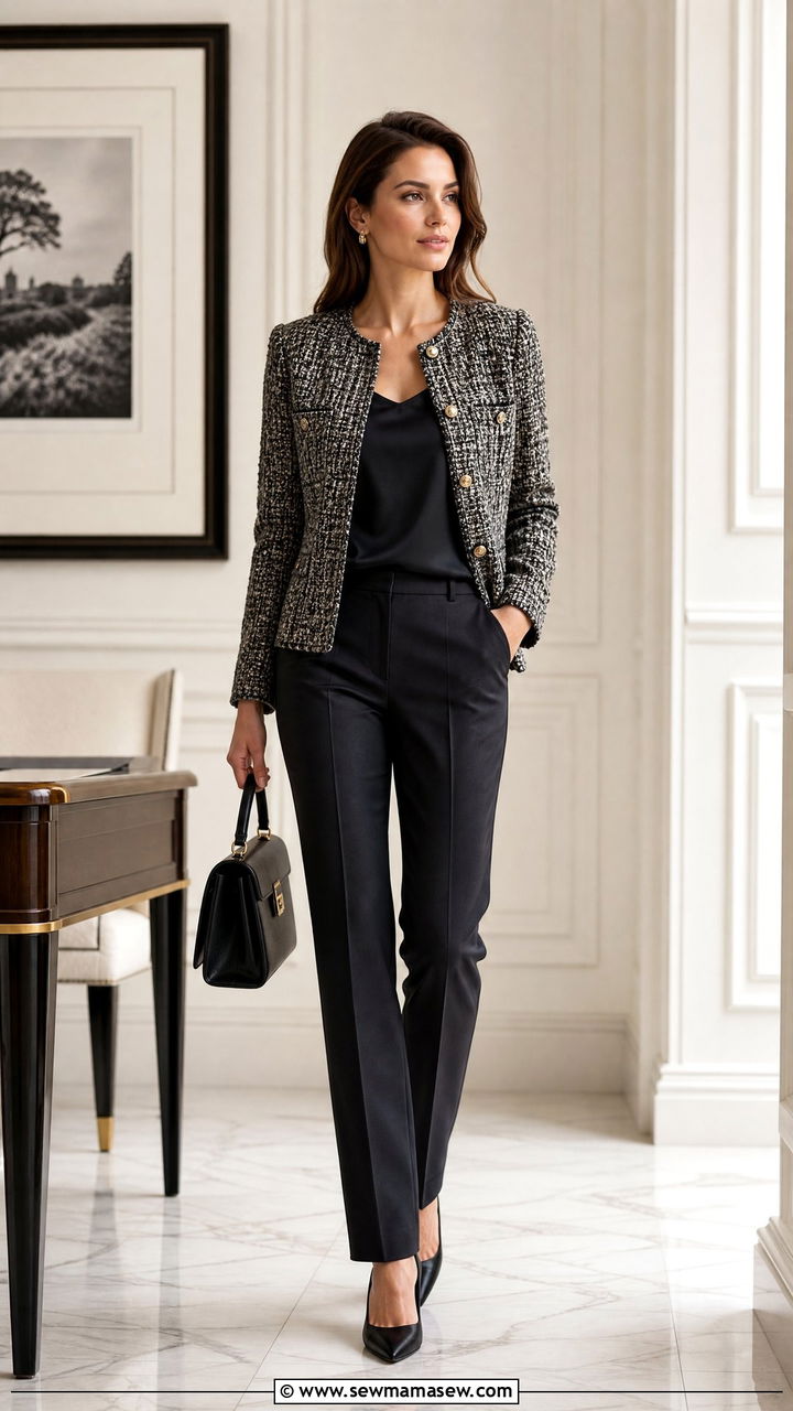 Tweed Jacket With Dark Tailored Trousers - 25 Female entrepreneur outfit ideas