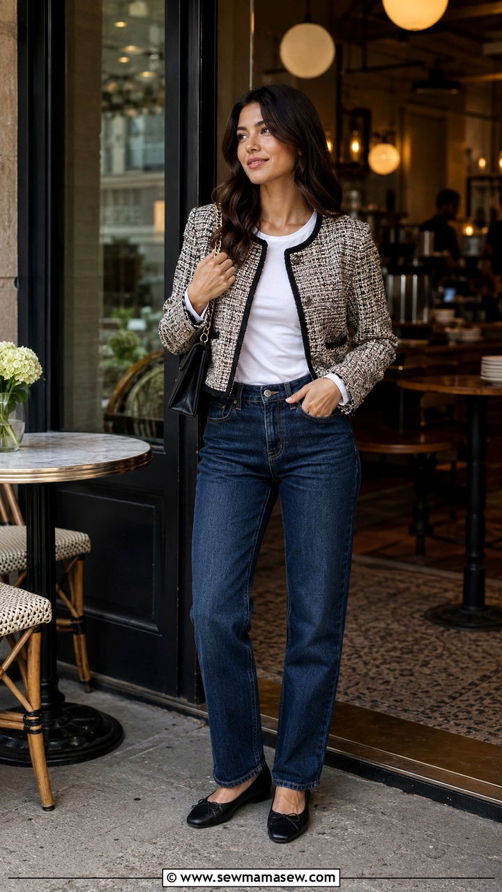 Tweed Jacket With Dark Wash Jeans And Ballet Flats - 30 transitional outfits inspo