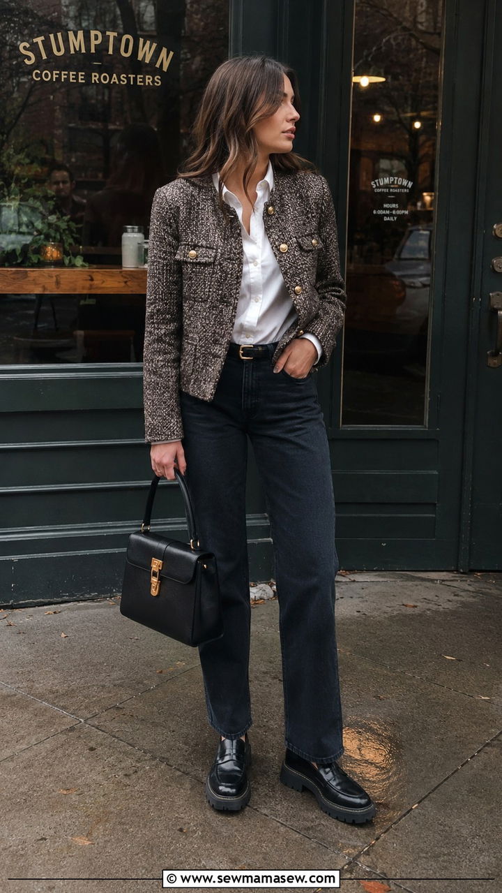 Tweed Jacket With Jeans And Loafers - 30 Rainy day casual outfit ideas