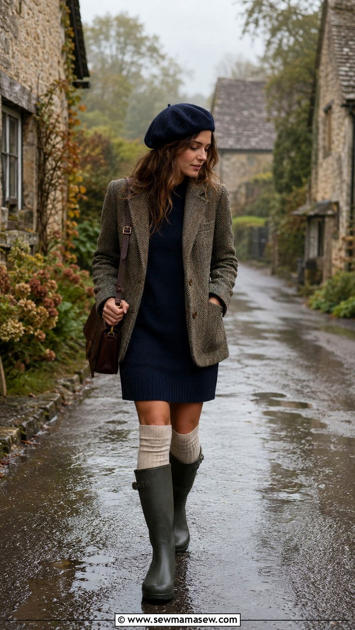 Tweed Jacket With Knit Dress And Knee High Socks - 30 Rainy day travel outfit ideas