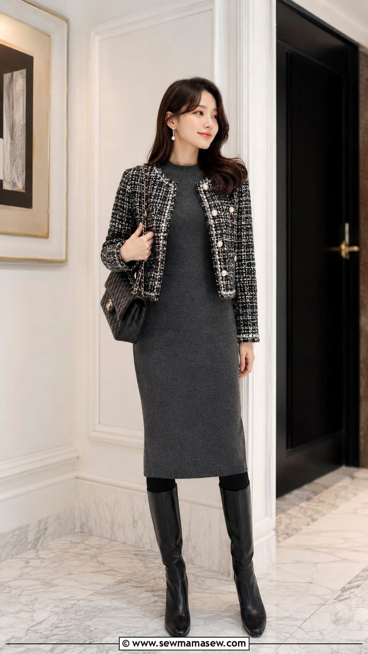 Tweed Jacket With Knit Midi Dress - 30 transitional cute outfit ideas
