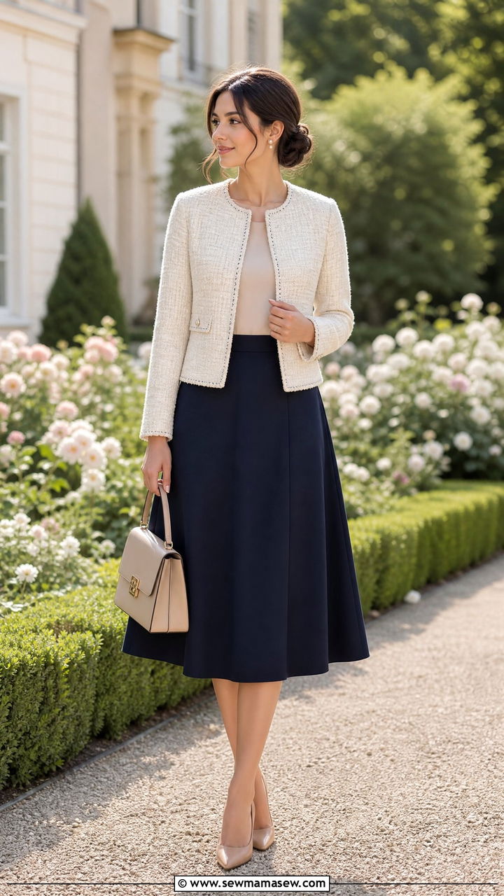 Tweed Jacket With Navy Midi Skirt - 30 modest classy outfits for women