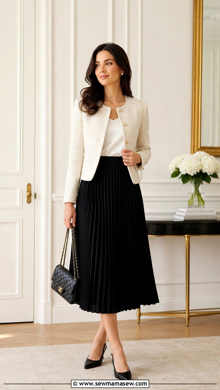 Tweed Jacket With Pleated Midi Skirt And Slingback Pumps - 30 Pleated skirt outfit ideas with heels