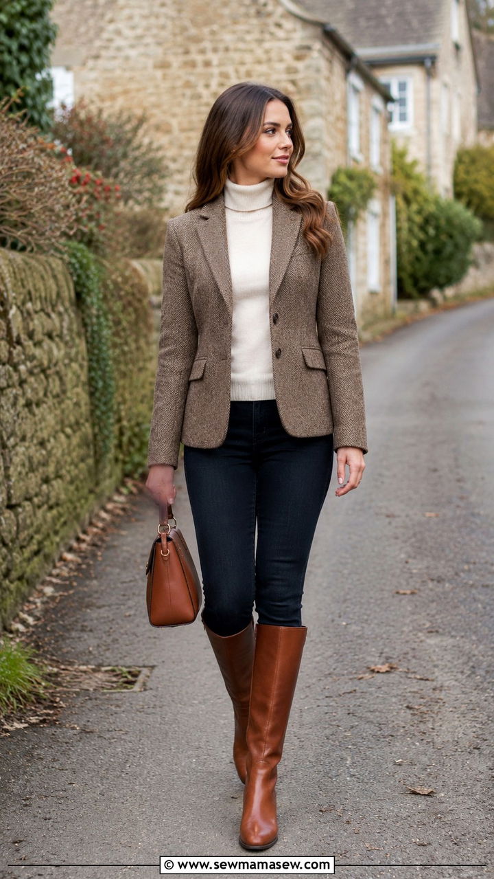 Tweed Jacket With Riding Boots and Dark Skinny Jeans - 30 classy preppy outfit ideas