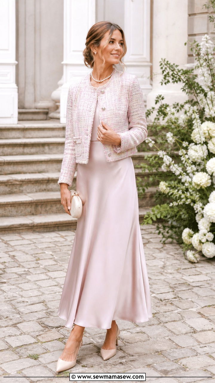 Tweed Jacket With Satin Maxi Skirt For Transitional Season Weddings - 40 classy wedding guest outfits
