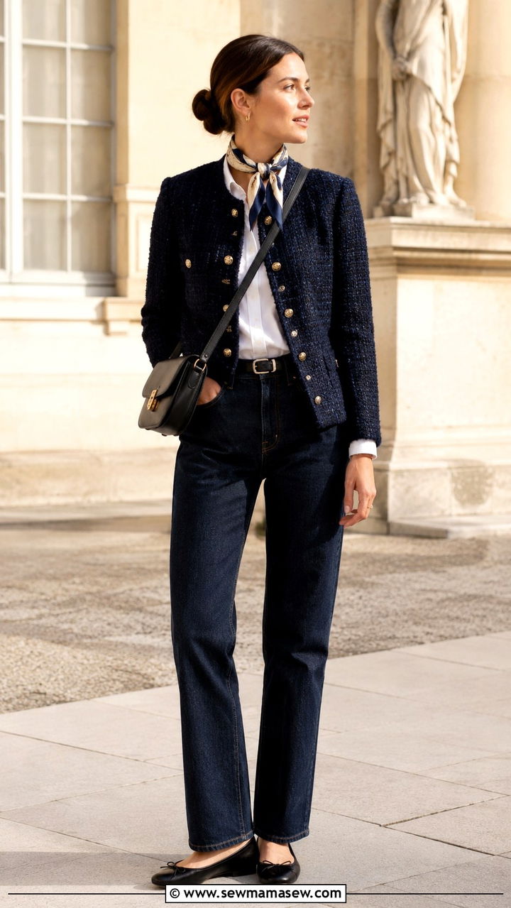 Tweed Jacket With Silk Scarf Outfit - 20 elegant outfits to copy