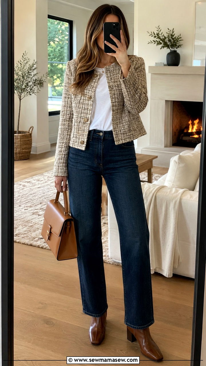 Tweed Jacket With Straight Leg Jeans - 30 classy outfits ideas