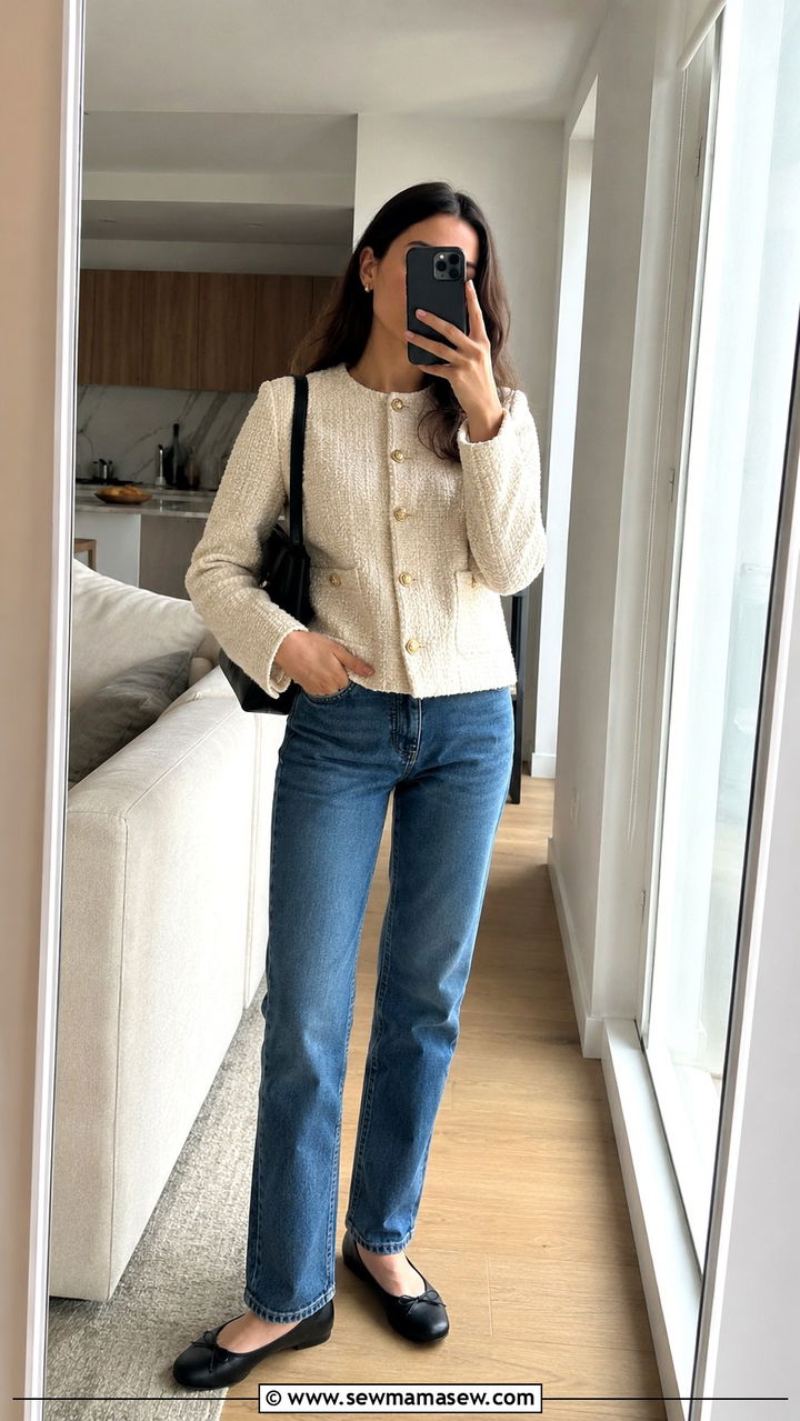 Tweed Jacket With Straight Leg Jeans And Ballet Flats - 20 French girl outfit ideas Caroline de Maigret