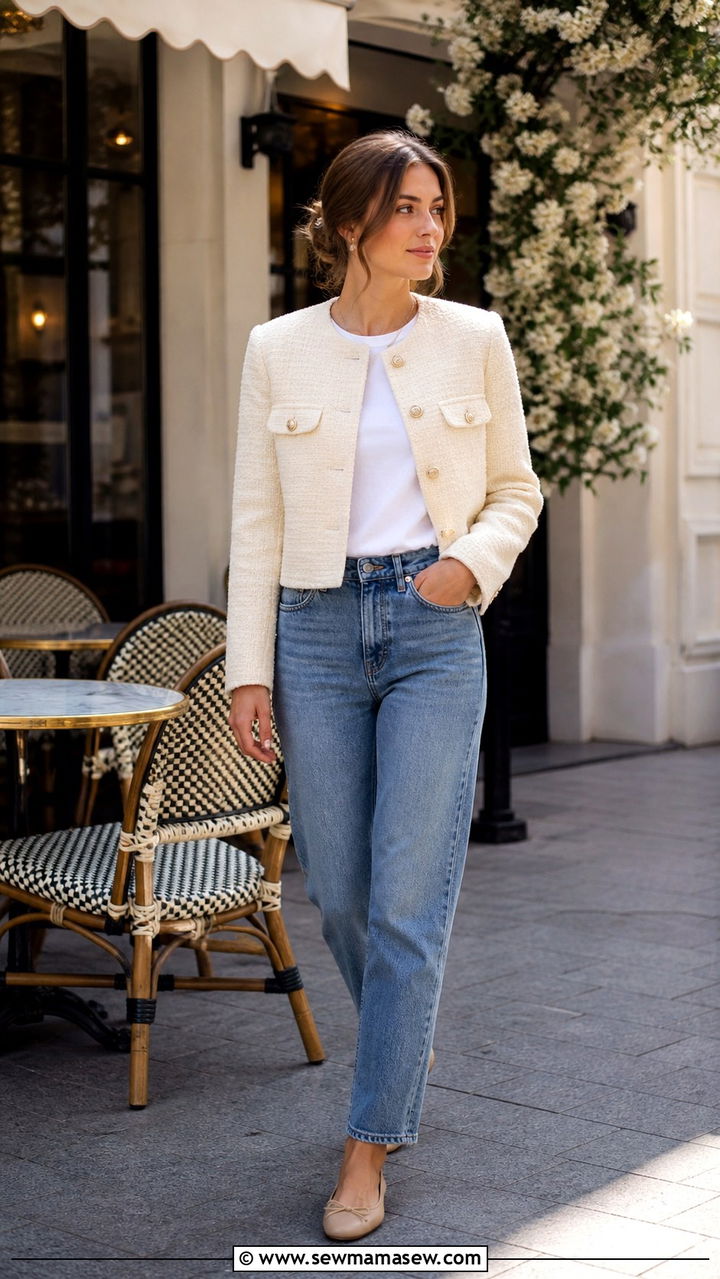 Tweed Jacket With White Tee and Straight Leg Jeans - 40 cute jacket outfits