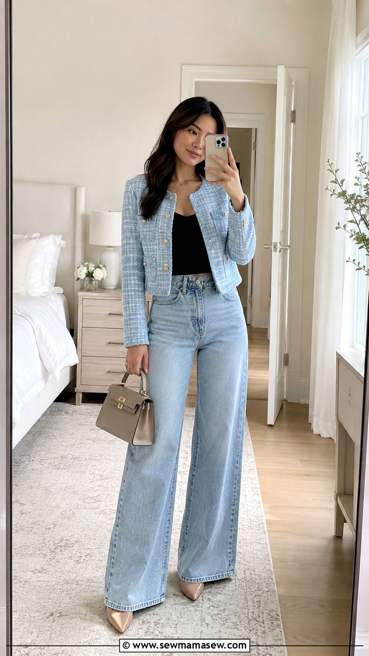 Tweed Jacket With Wide Leg Jeans - 30 transitional petite outfit ideas