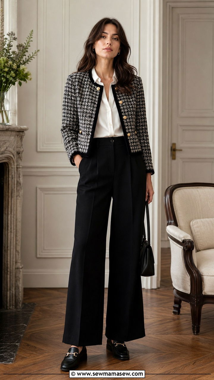 Tweed Jacket With Wide Leg Pants and Loafers - 30 parisian capsule wardrobe outfits