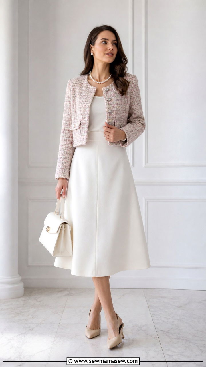 Tweed Jacket and A Line Midi Skirt Outfit - 40 Spring office outfits