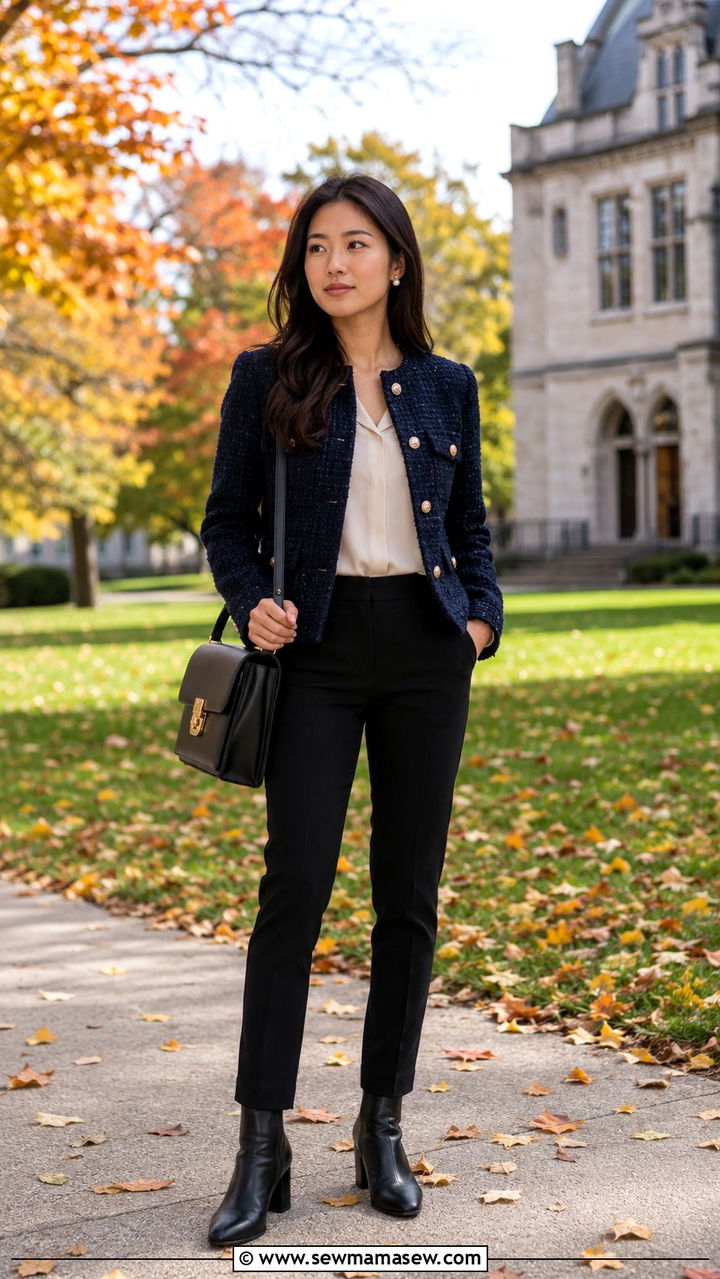 Tweed Jacket and Black Trousers Fall MBA Outfit - 30 MBA student outfit ideas
