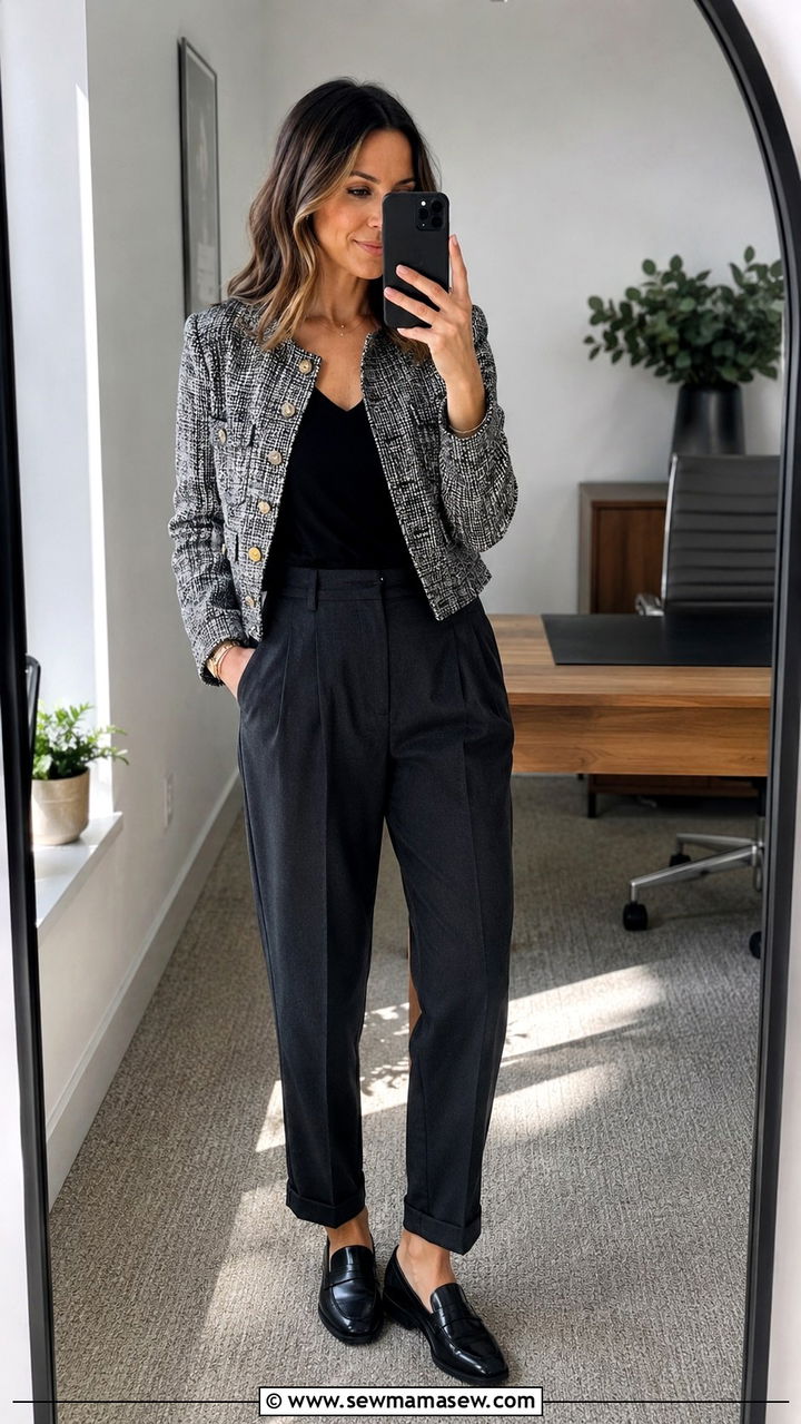 Tweed Jacket and Pleated Chinos - 25 Work outfits for pear shape