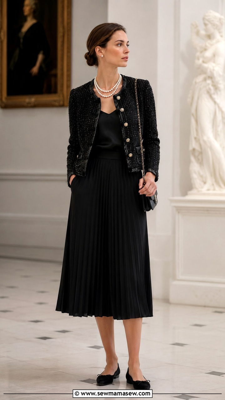 Tweed Jacket and Pleated Midi Skirt With Double Strand Pearl Necklace - 25 Old money outfit ideas with pearls necklace