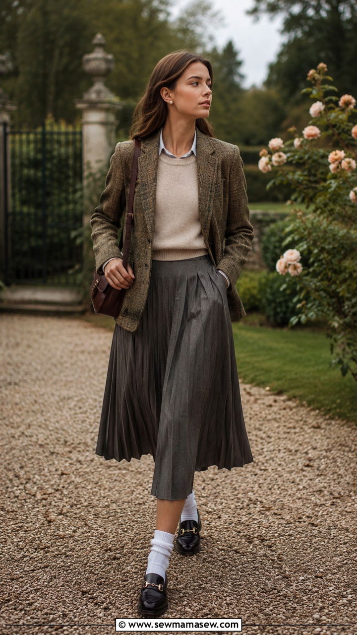 Tweed Jacket and Pleated Midi Skirt With Gucci Loafers - 25 Old money outfit ideas with Gucci loafers