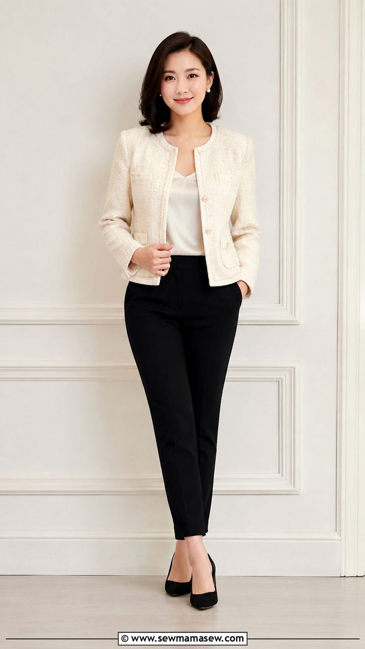 Tweed Jacket and Slim Pants for Petite Photoshoot - 25 Photoshoot outfits for petite women