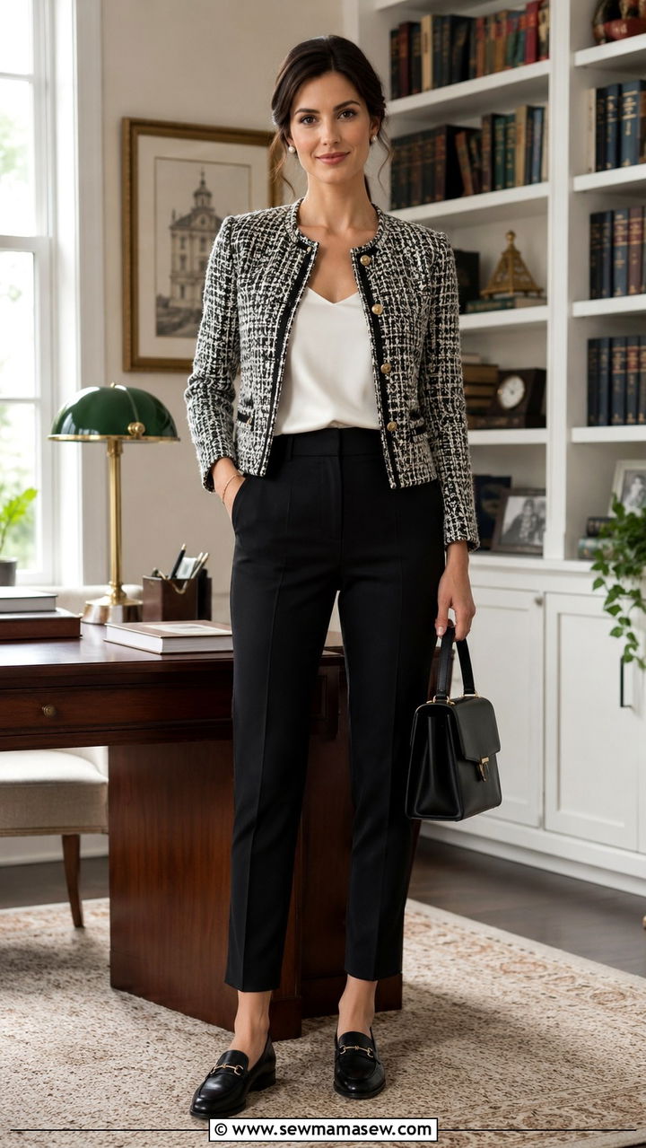 Tweed Jacket with Black Cigarette Pants Outfit - 30 teacher outfits 2026