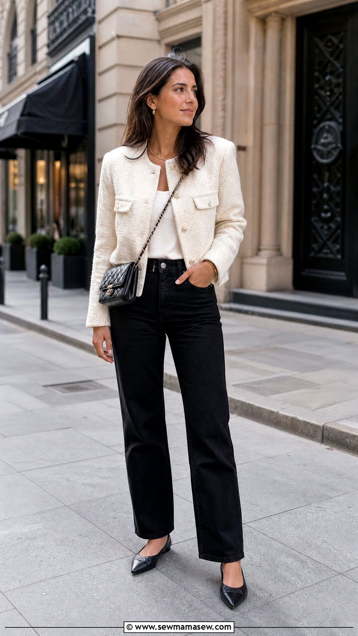Tweed Jacket with Black Straight Leg Jeans - 30 classy aesthetic outfits
