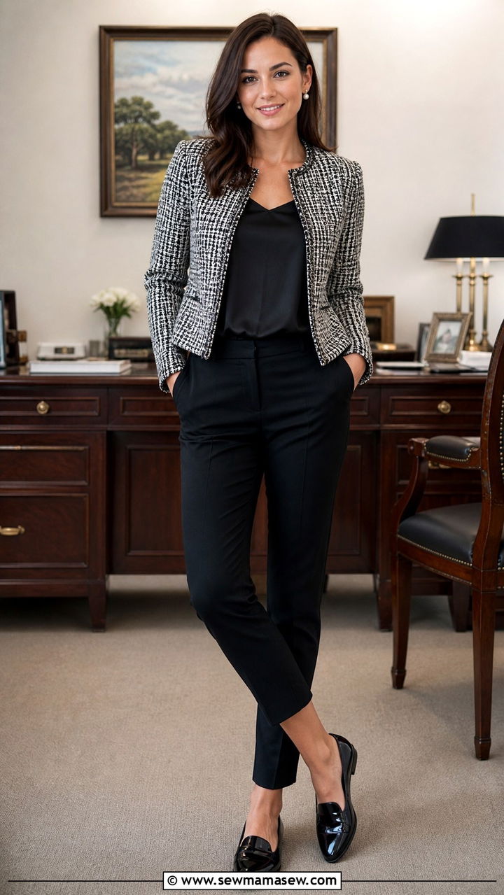 Tweed Jacket with Black Trousers and Loafers - 40 classy business casual outfits
