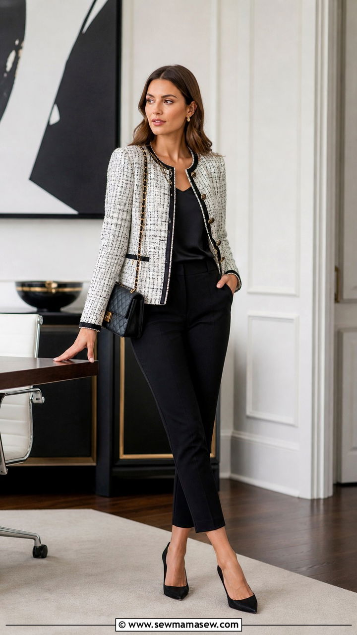 Tweed Jacket with Black Trousers - 40 business casual outfits for women