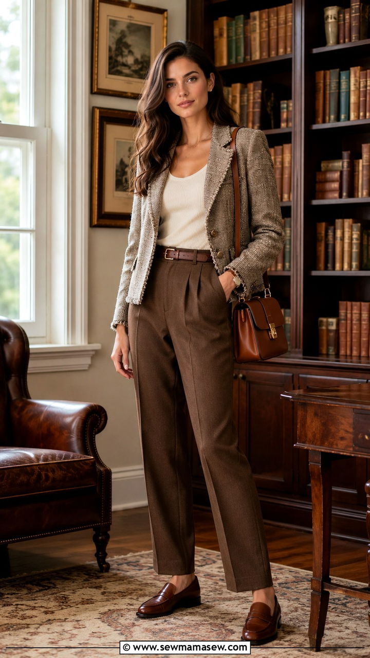 Tweed Jacket with Brown Suit Pants - 30 office outfits inspo
