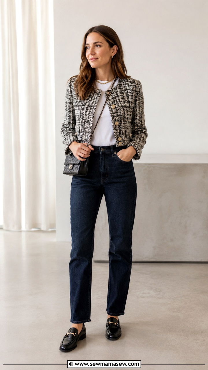Tweed Jacket with Dark Denim and Loafers - 30 Shoulder season outfit ideas
