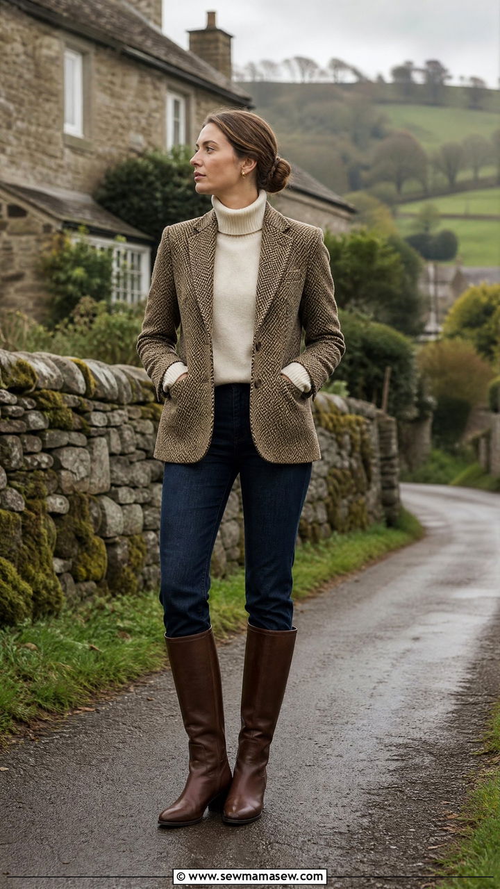 Tweed Jacket with Dark Jeans and Riding Boots - 25 Old money outfit ideas for travel