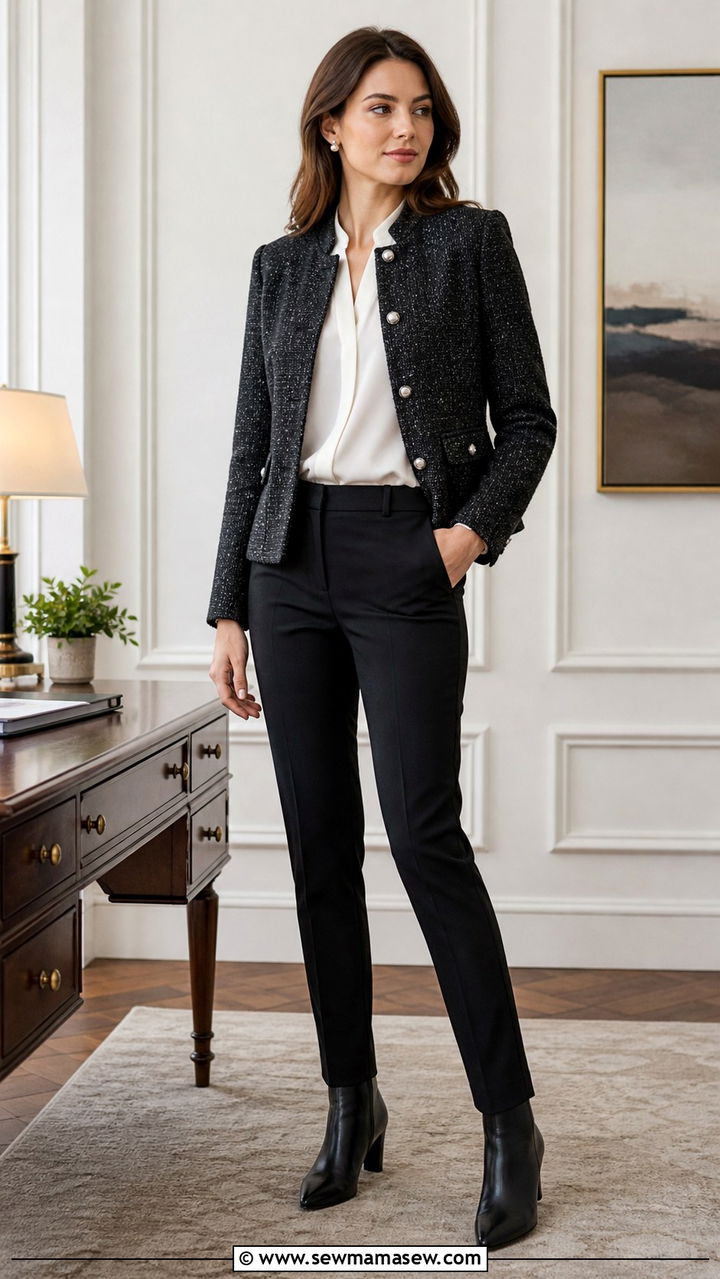 Tweed Jacket with Dark Slim Trousers - 40 classy work outfits