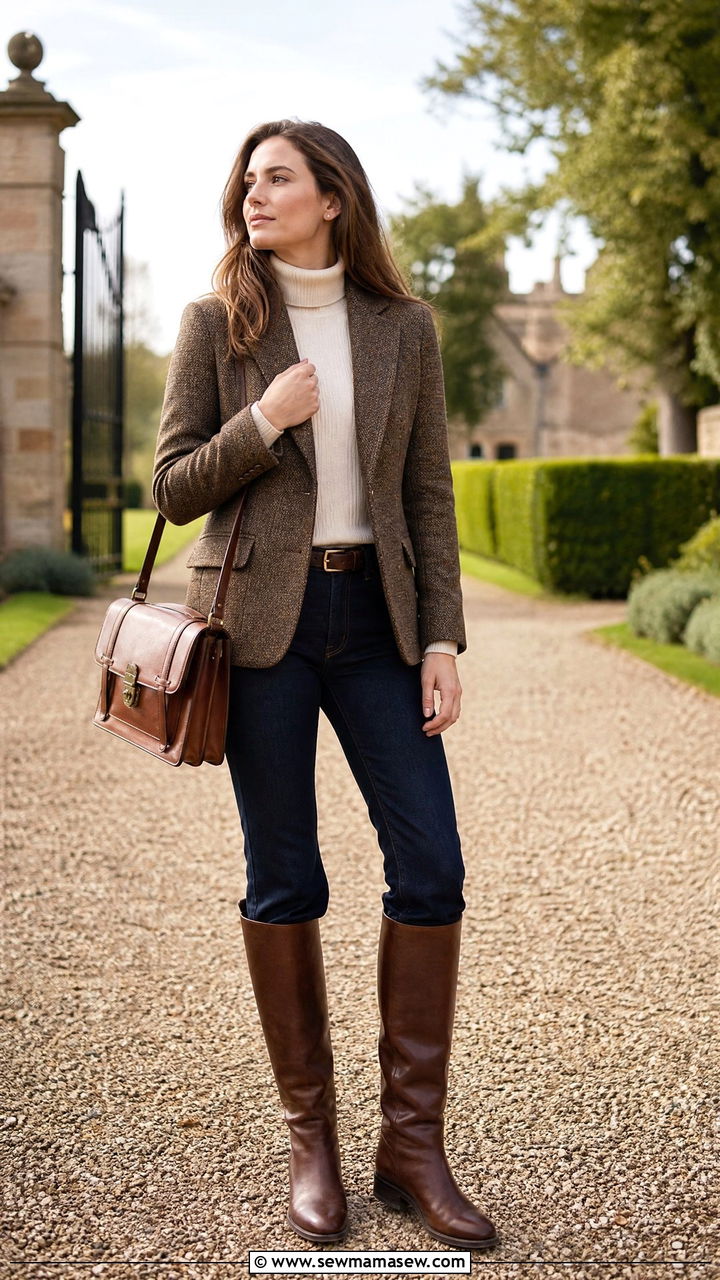Tweed Jacket with Flare Jeans and Riding Boots - 30 Flare jeans outfit ideas with boots