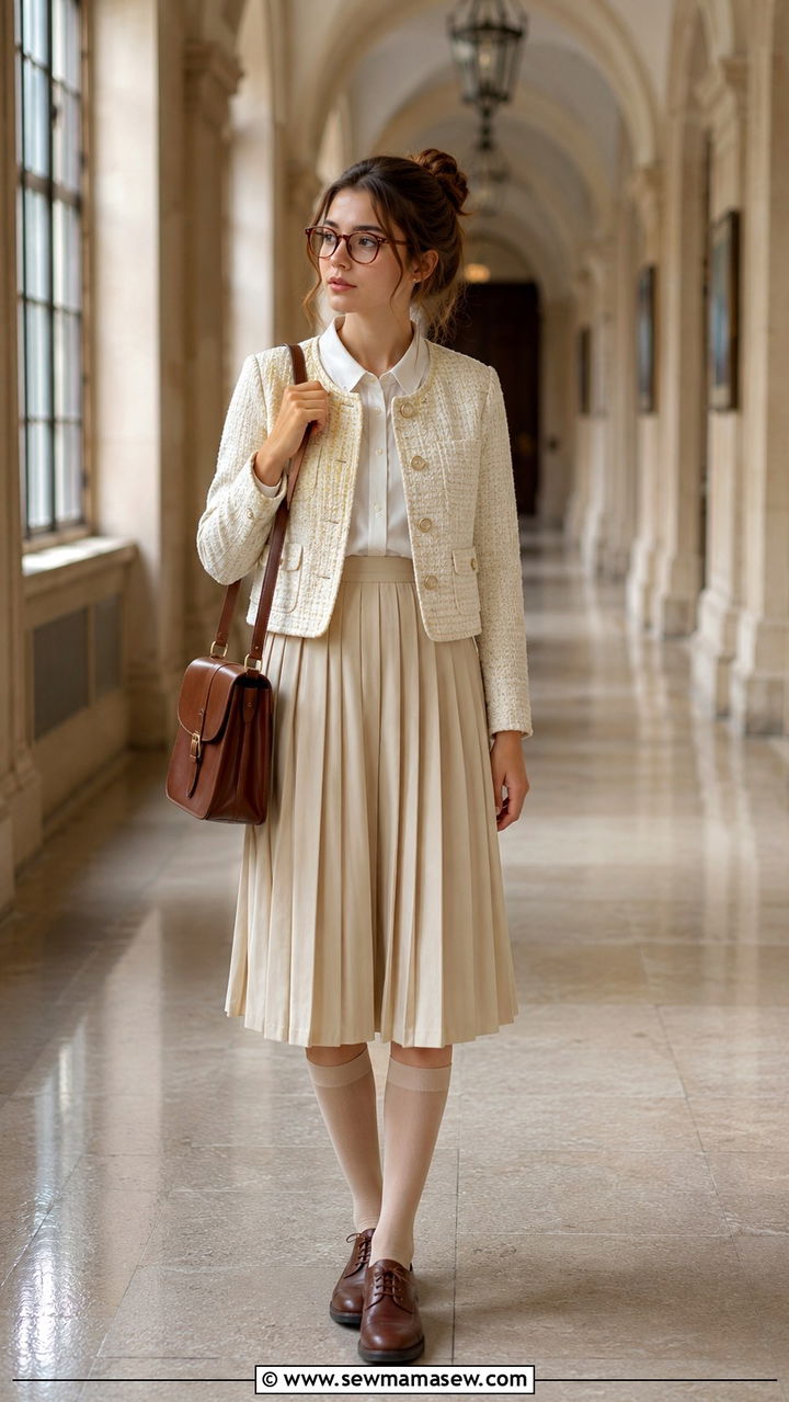 Tweed Jacket with Knife Pleat Skirt - 30 light academia outfits to copy