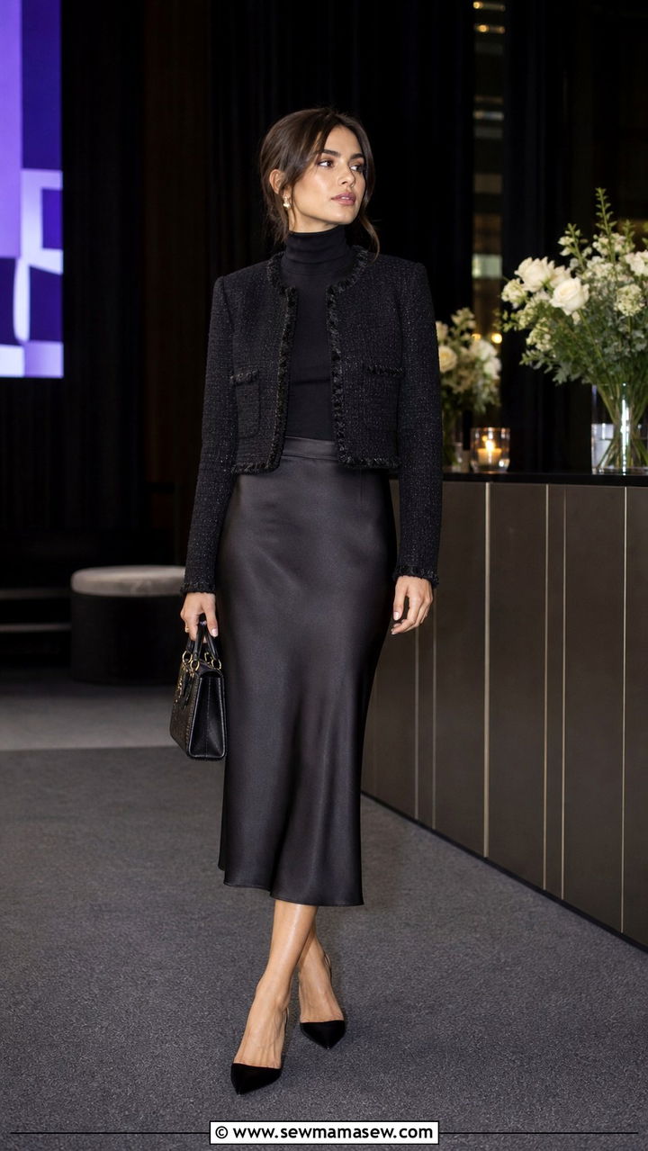 Tweed Jacket with Satin Skirt and Black Top - 40 Corporate outfit ideas