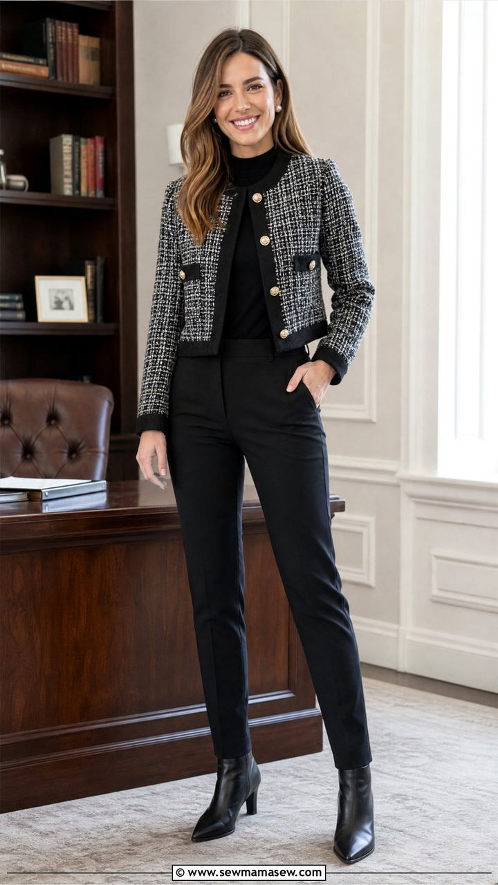 Tweed Jacket with Slim Trousers and Leather Ankle Boots - 25 Business casual outfits with boots