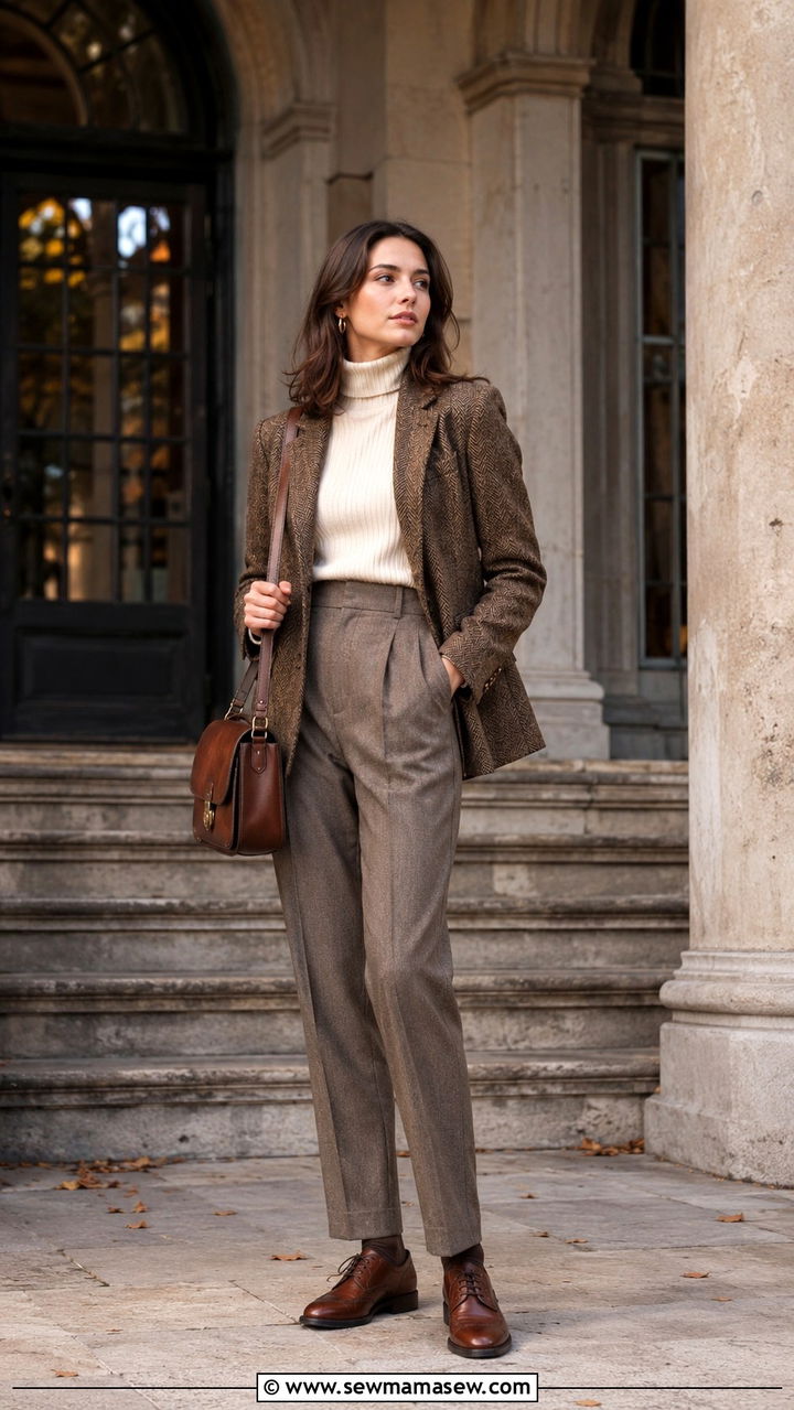 Tweed Jacket with Turtleneck and Trousers - 30 Romantic academia outfit ideas