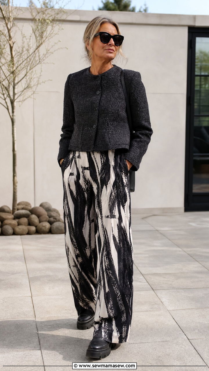 Tweed Jacket with Wide Leg Printed Trousers - 30 scandinavian outfit ideas for women over 40