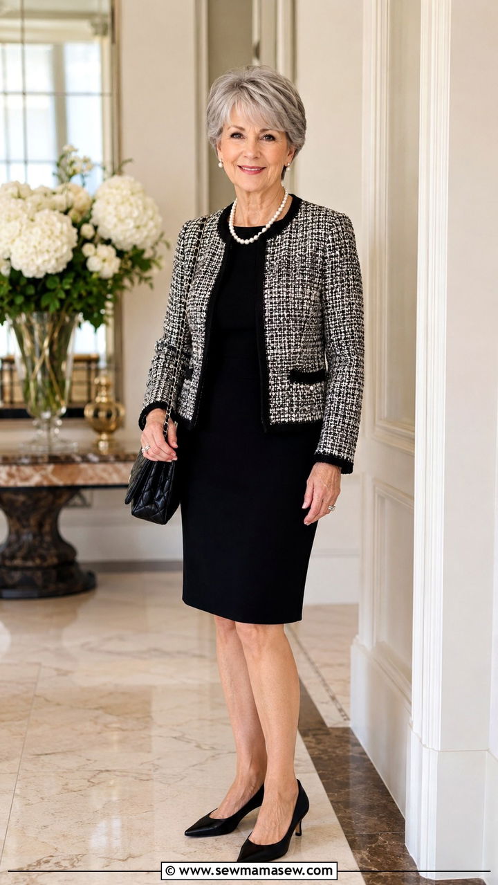 Tweed Jacket with a Black Sheath Dress - 30 Petite outfits for women over 60
