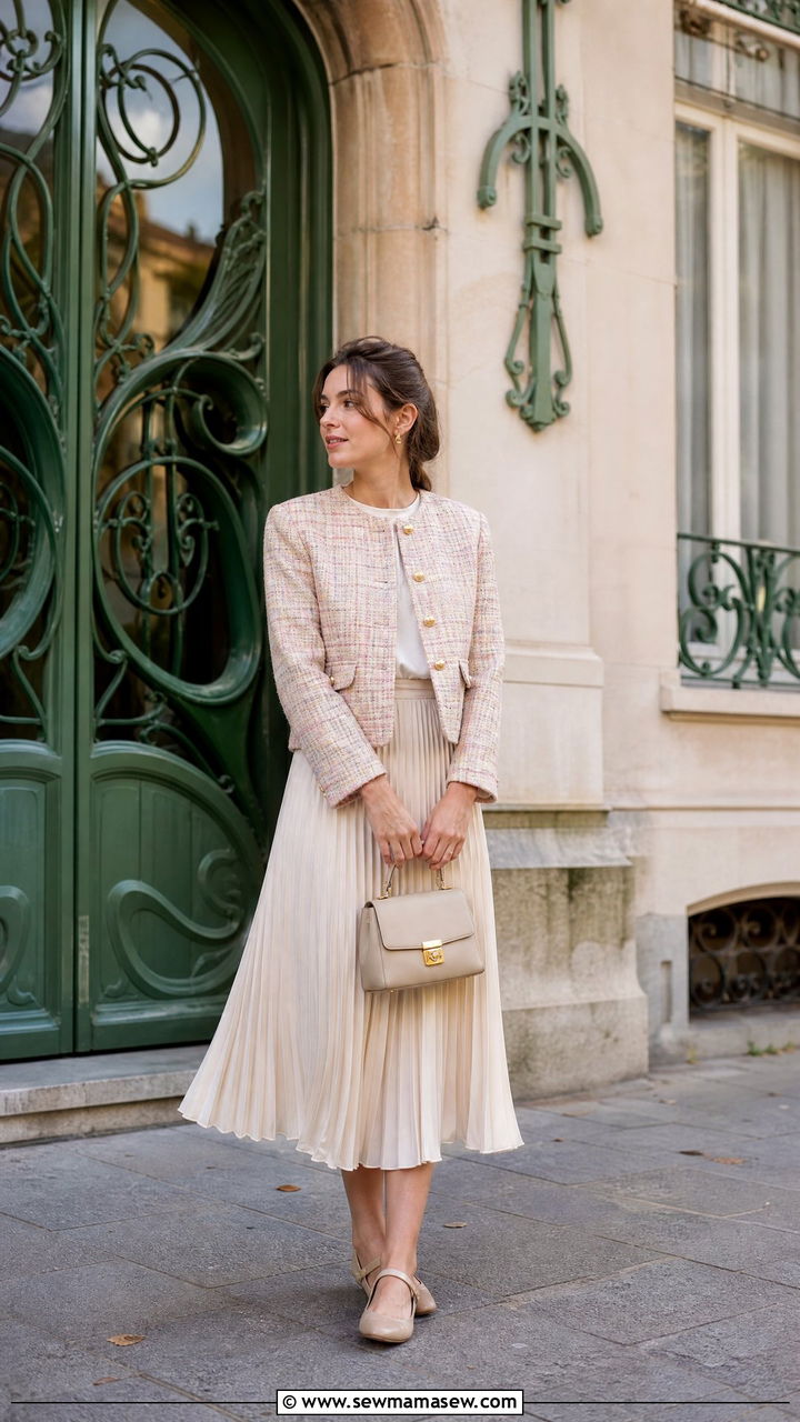 Tweed Jacket with a Pleated Midi Skirt and Mary Jane Flats - 25 Brussels outfit ideas