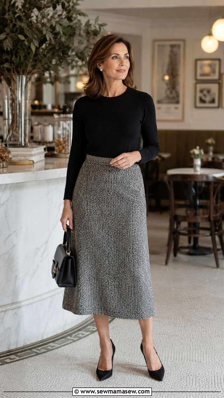 Tweed Midi Skirt With Black Sweater And Pointed Toe Heels - 30 midi skirt outfits for women over 40
