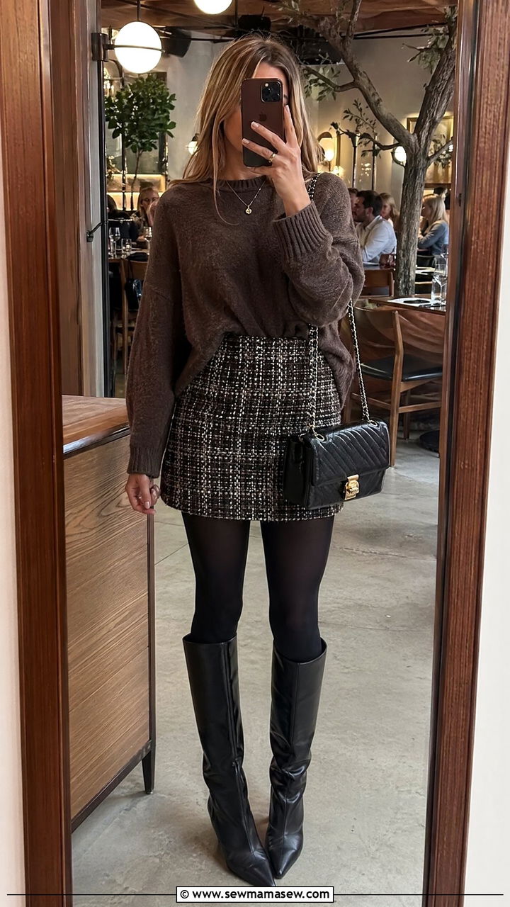 Tweed Mini Skirt With Opaque Tights And A Cashmere Sweater - 35 Dinner party outfit ideas