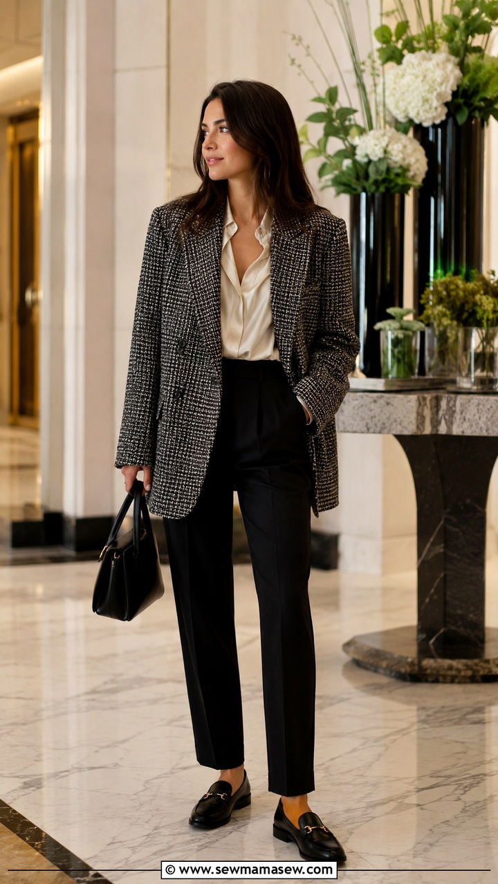 Tweed Oversized Blazer With Black Trousers And Silk Blouse - 30 Oversized blazer outfit ideas with loafers