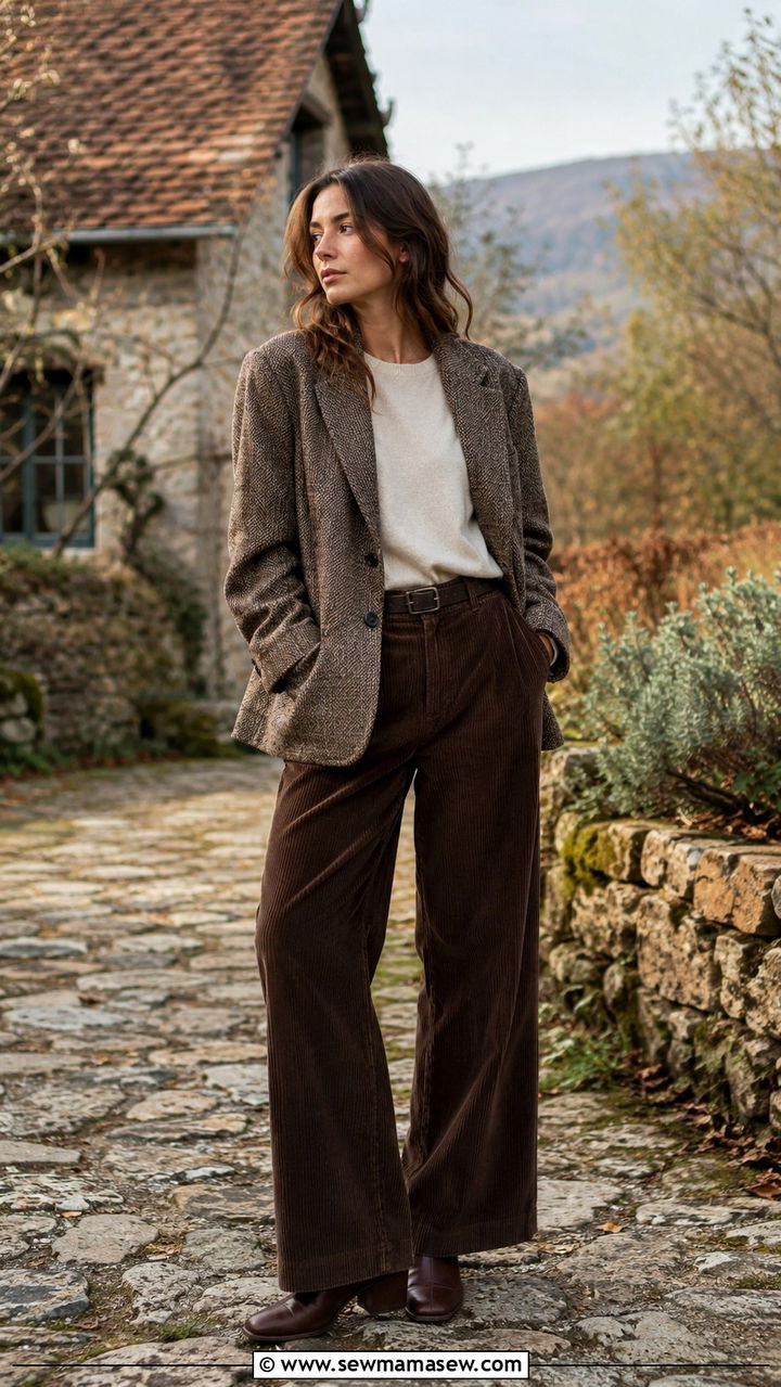 Tweed Oversized Blazer With T Shirt and Corduroy Pants - 30 Oversized blazer outfit ideas with a t-shirt