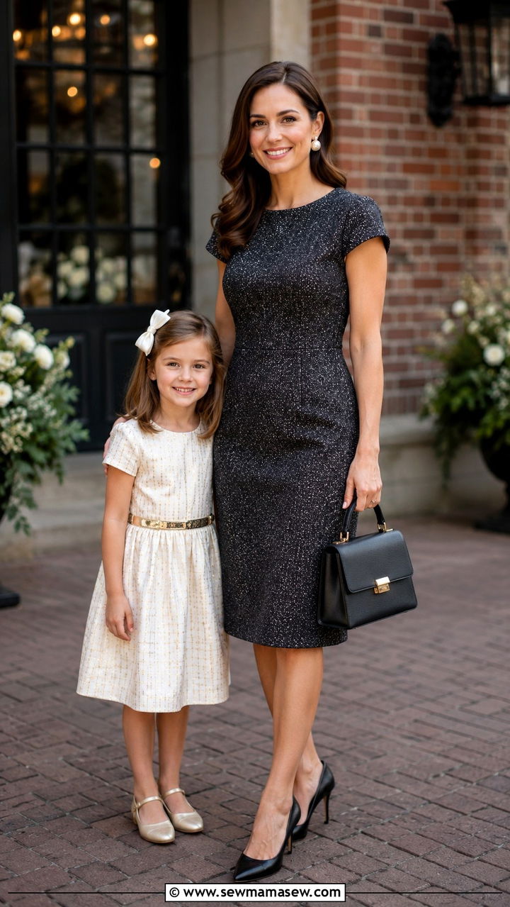 Tweed Sheath Dress With Pointed Toe Pumps - 25 Wedding guest outfit ideas with kids in tow