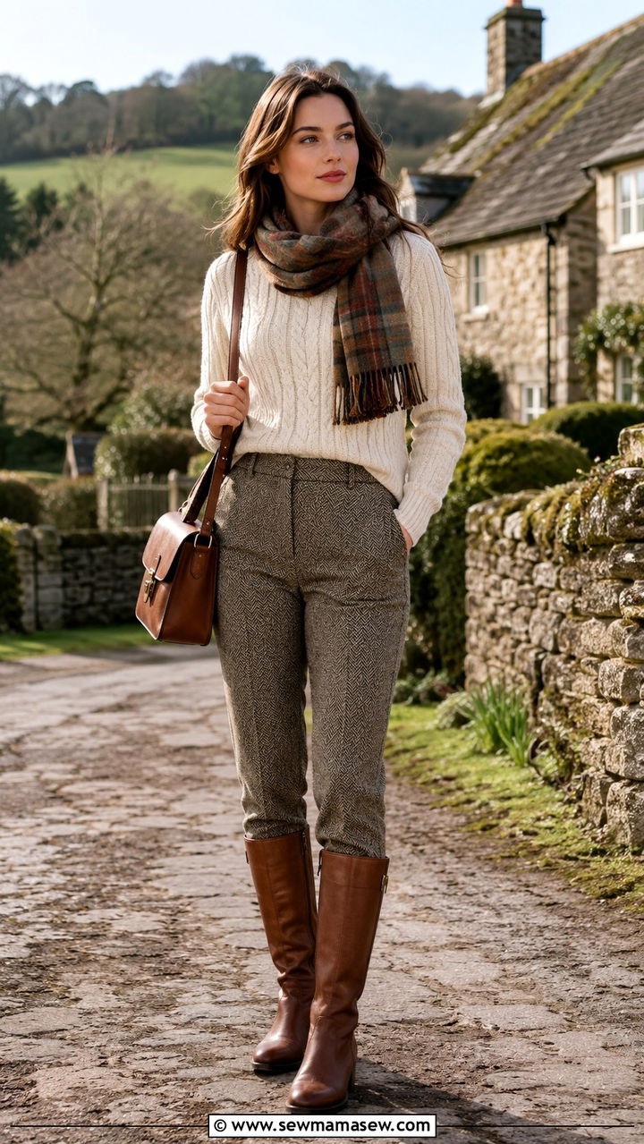 Tweed Trousers With Cable Knit Sweater - 30 trousers outfit ideas for women