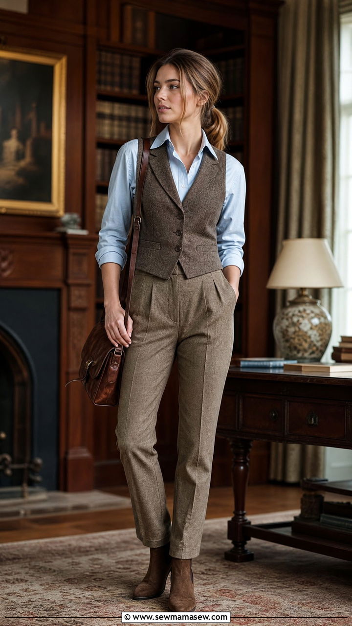Tweed Vest Outfit With Oxford Shirt And Trousers - 25 Old money outfit ideas equestrian