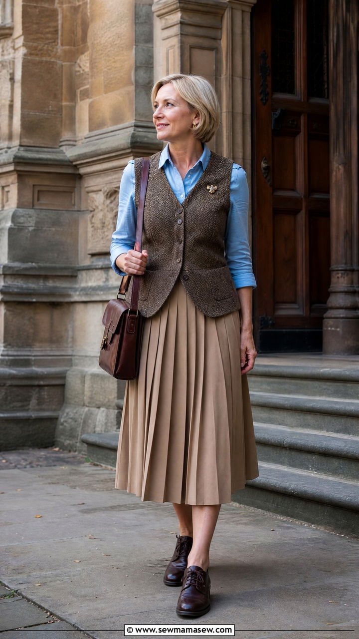 Tweed Vest Outfit with Collared Blouse and Pleated Midi Skirt - 25 light academia outfit ideas for women over 40