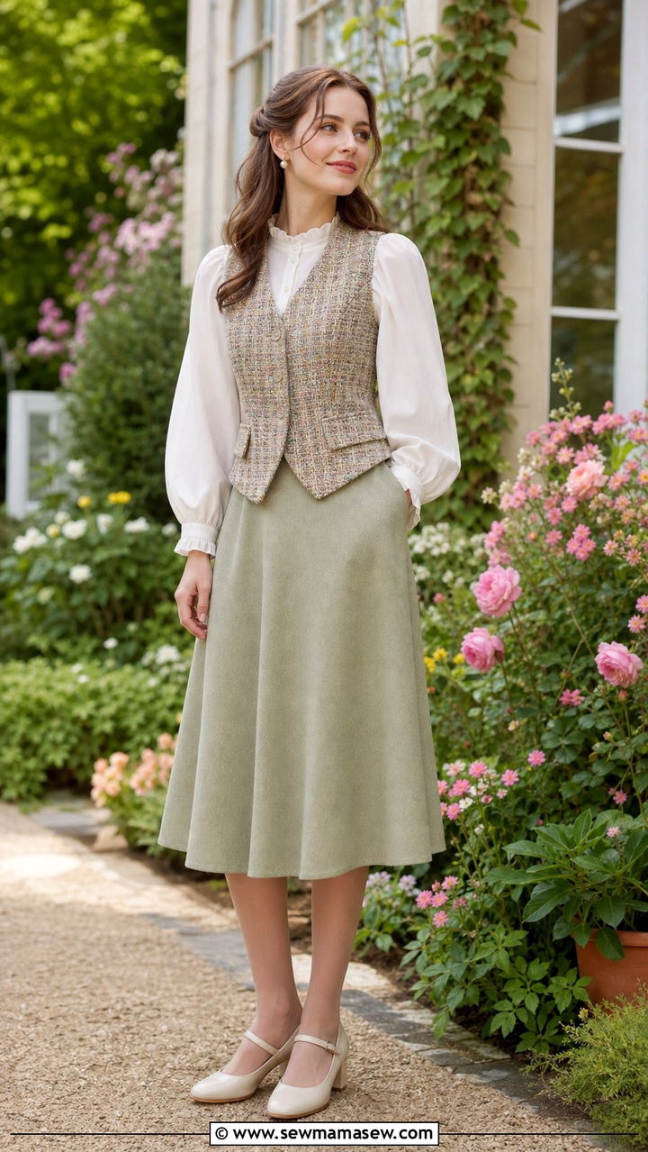 Tweed Vest Over a Puff Sleeve Blouse and A Line Skirt - 25 Eclectic grandpa outfit ideas