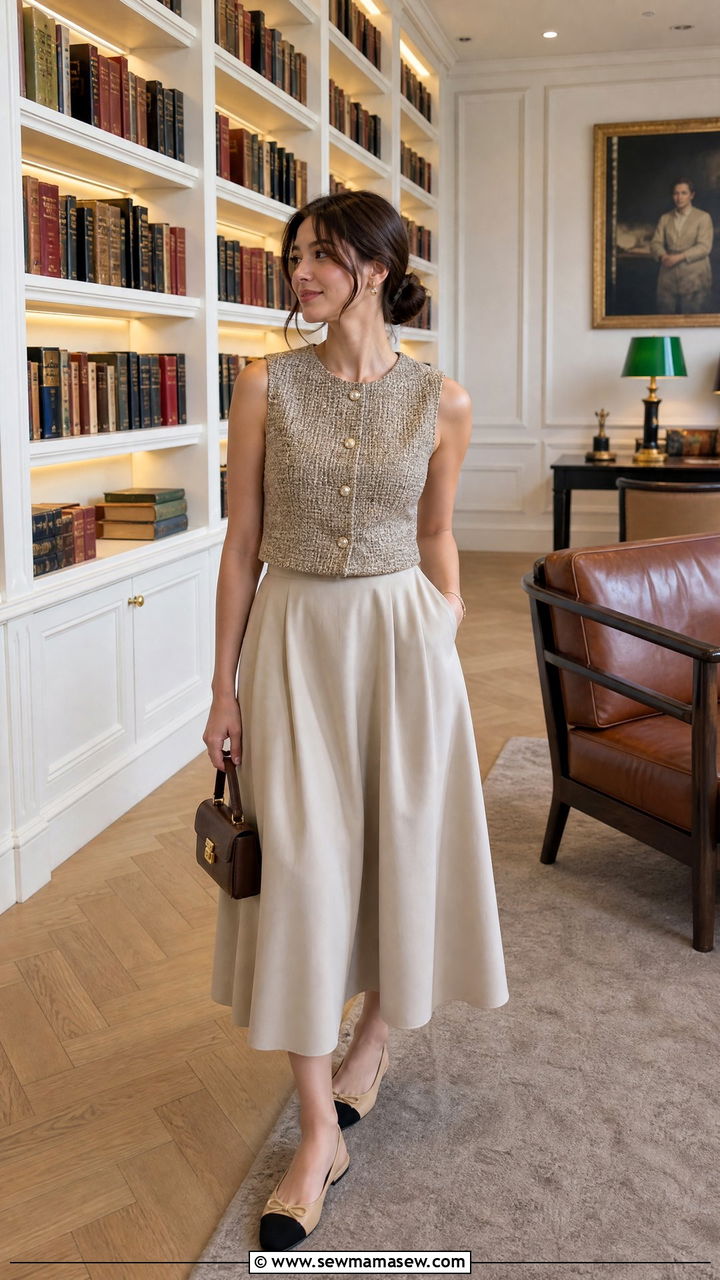 Tweed Vest With Midi Skirt Outfit - 35 librarian core outfits