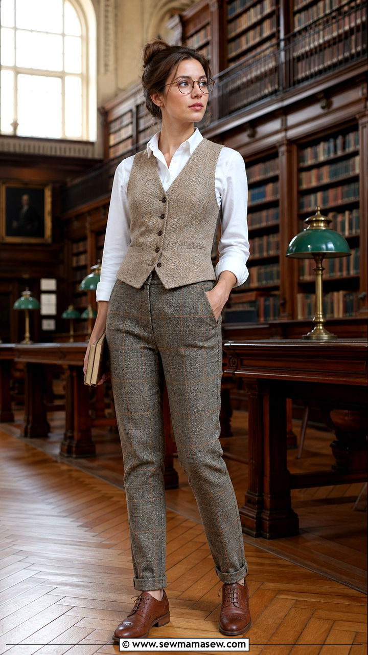 Tweed Vest With White Shirt And Plaid Trousers - 40 light academia outfits for women