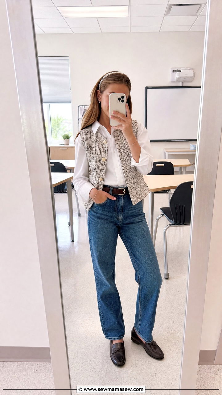 Tweed Vest and White Button Down Outfit - 30 Tween outfit ideas aesthetic